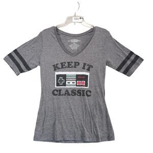 Nintendo NES Keep It Classic Gray V-Neck T-Shirt Women's XL Striped Sleeves 2016